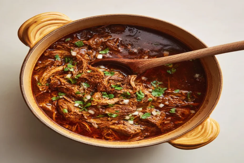 Shredded birria beef on a wooden board