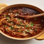 Shredded birria beef on a wooden board