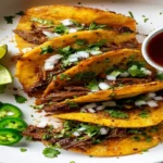 Cheap Birria Tacos on a plate with broth