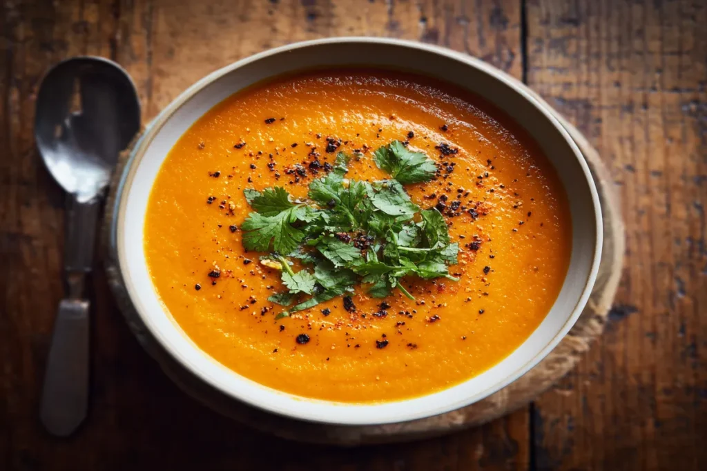 Vegan carrot ginger soup in a white bowl with cilantro