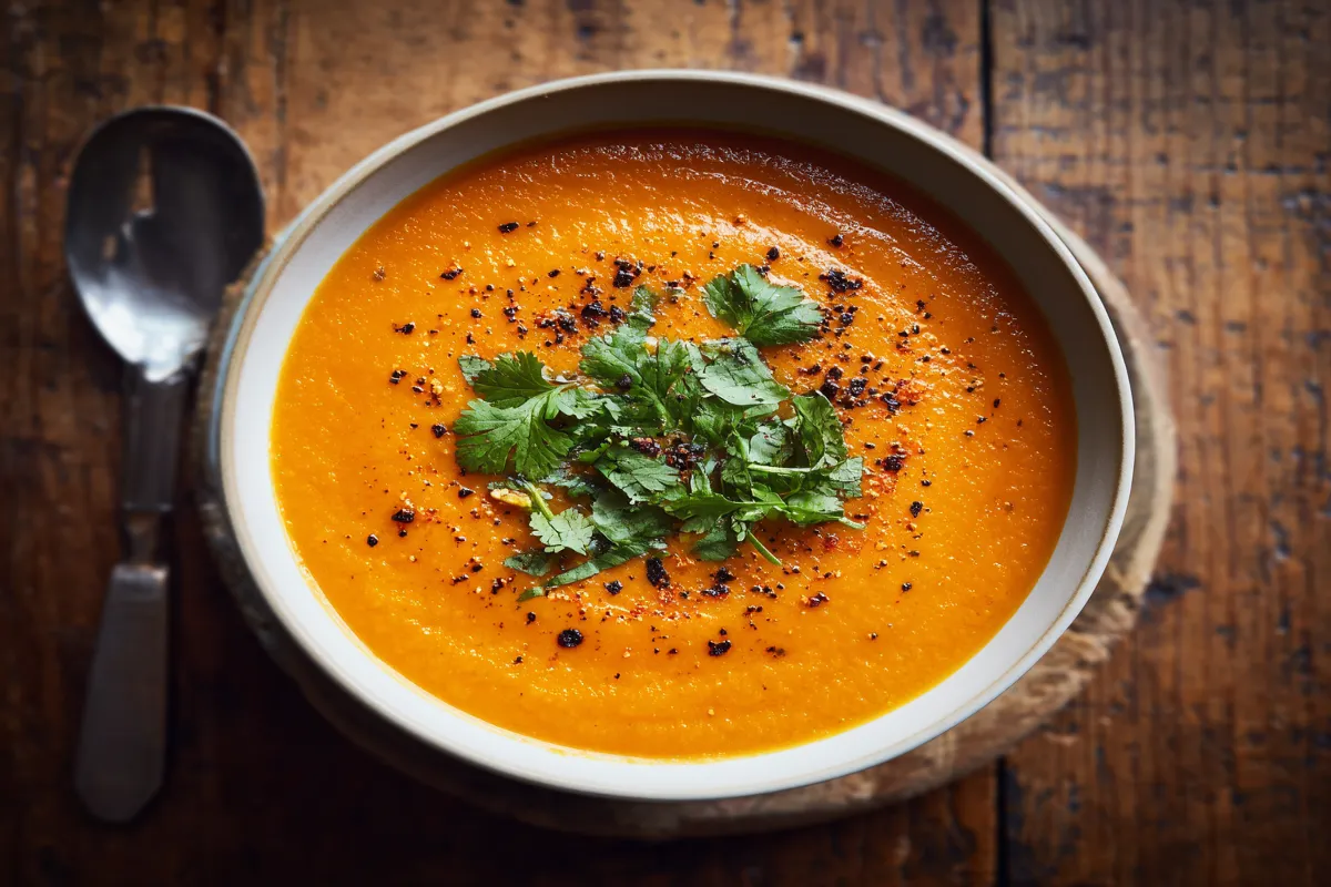 Vegan carrot ginger soup in a white bowl with cilantro