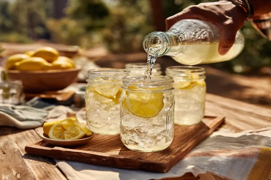 Batch Ginger Lemonade poured into mason jars with lemon slices