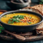 Bowl of golden turmeric lentil soup topped with herbs, served with sliced bread.