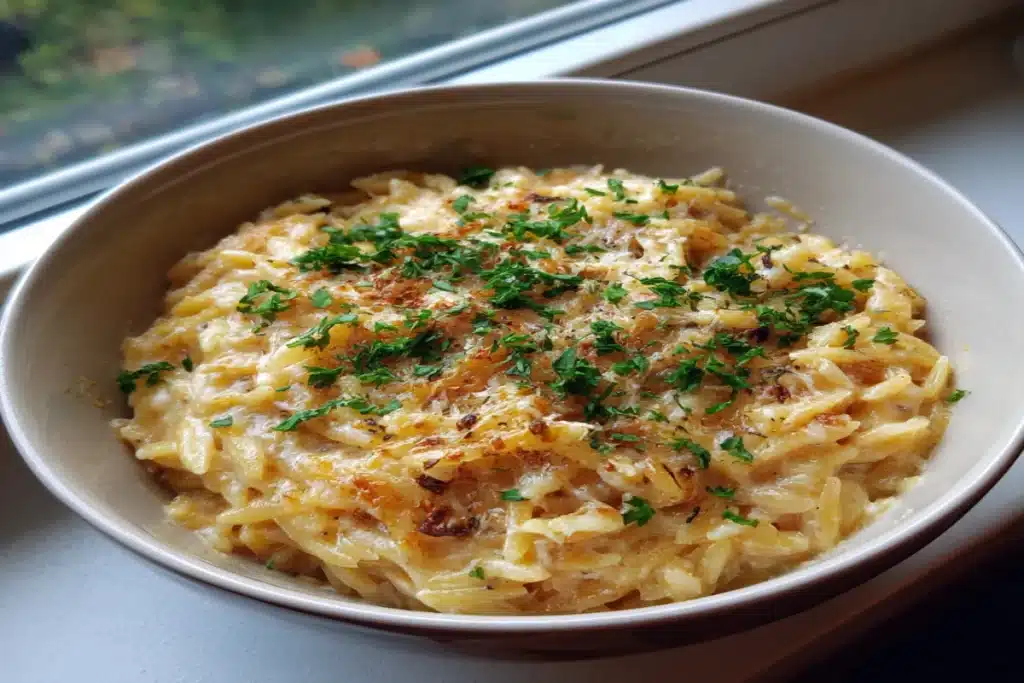 French Onion Orzo Bake – Creamy, Cheesy One-Pan Comfort Food