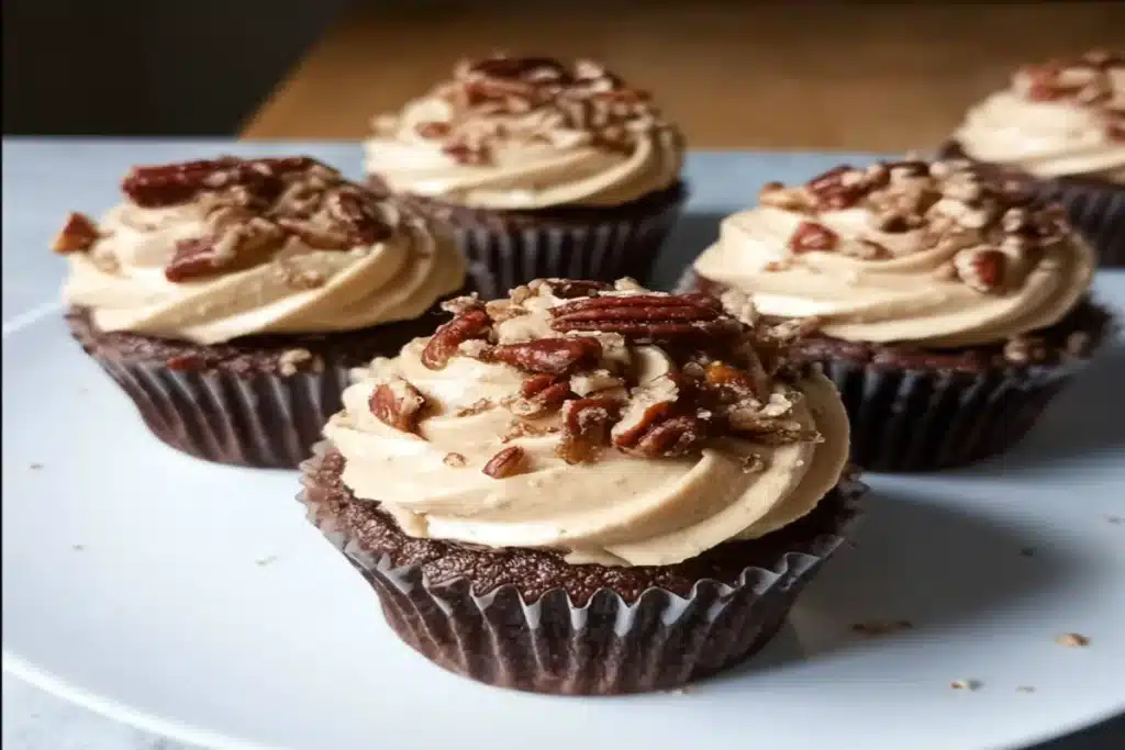 Chocolate Bourbon Pecan Pie Cupcakes with Butter Pecan Frosting