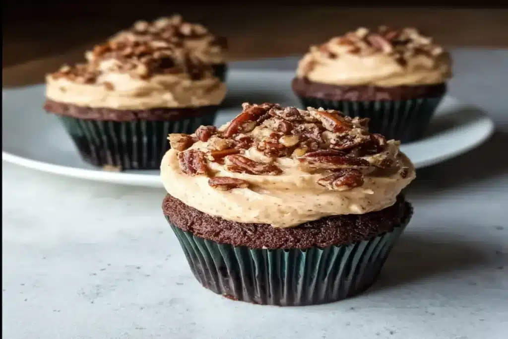 Chocolate Bourbon Pecan Pie Cupcakes with Butter Pecan Frosting