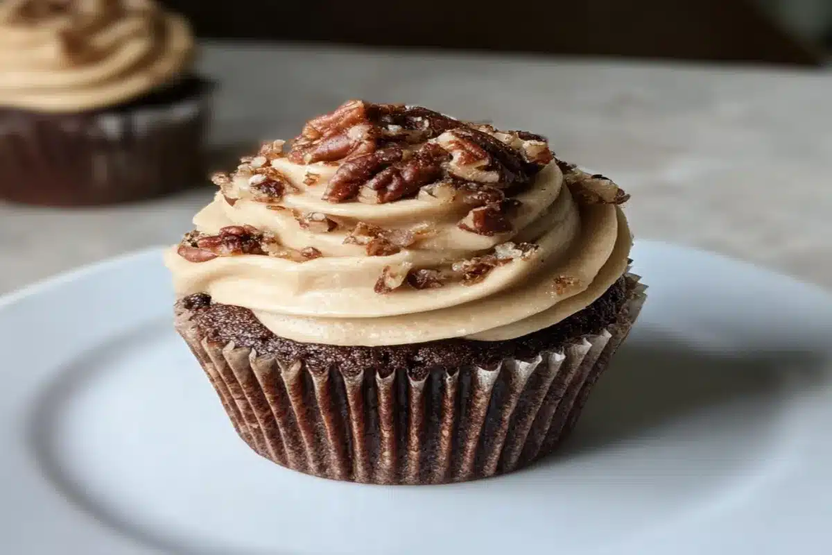 Chocolate Bourbon Pecan Pie Cupcakes with Butter Pecan Frosting