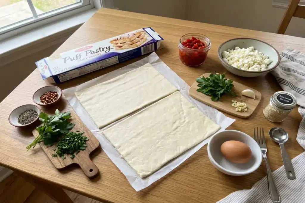 Roasted Red Pepper and Feta Triangles — Flaky Puff Pastry Appetizer 9 image 1200x800 1786724734576