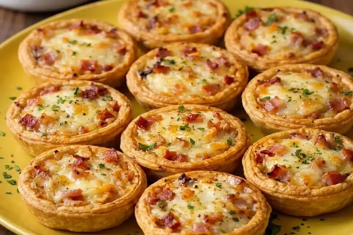 Mini-tartelettes au Saint-Nectaire, oignons caramélisés et lardons croustillants