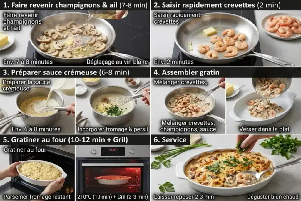 Gratin de Crevettes aux Champignons : La Recette Onctueuse & Dorée Étapes du gratin de crevettes aux champignons : poêler la garniture, préparer la sauce, assembler et gratiner au four.
