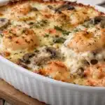 Gratin de Crevettes aux Champignons : La Recette Onctueuse & Dorée Gratin doré de crevettes et champignons, avec une cuillerée de sauce crémeuse et de fromage fondu.