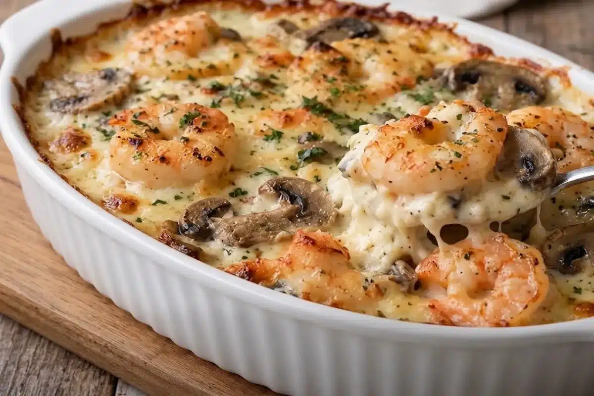 Gratin de Crevettes aux Champignons : La Recette Onctueuse & Dorée Gratin doré de crevettes et champignons, avec une cuillerée de sauce crémeuse et de fromage fondu.