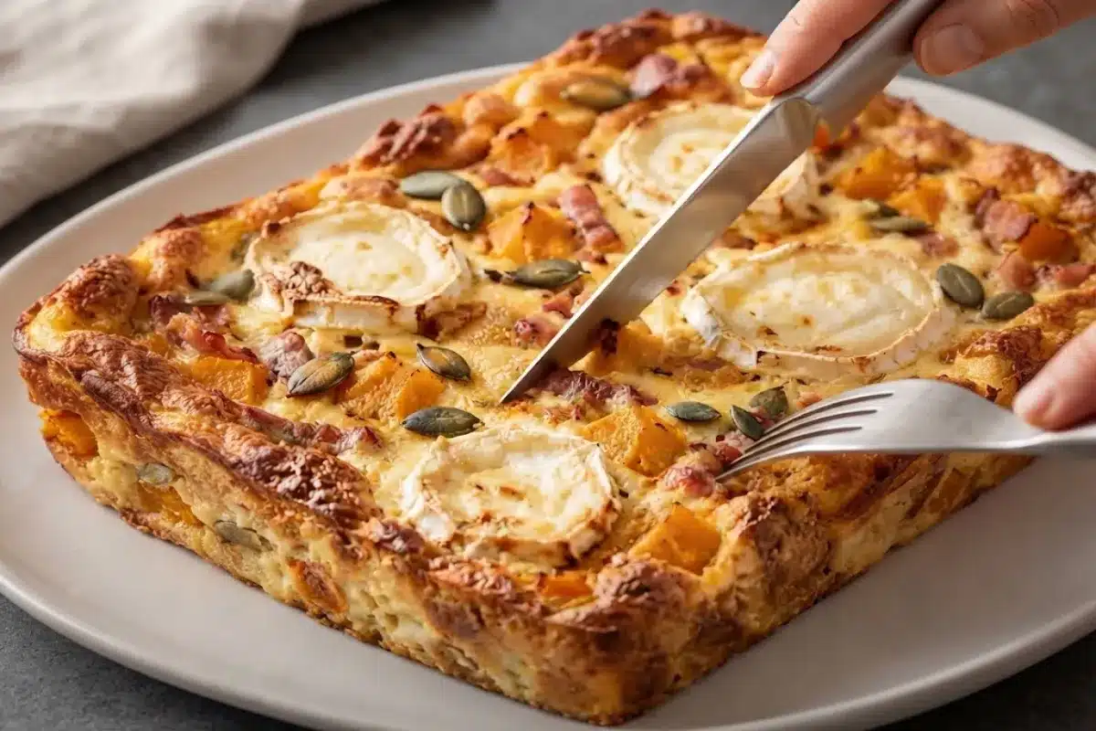Quiche sans pâte au potimarron, chèvre et lardons