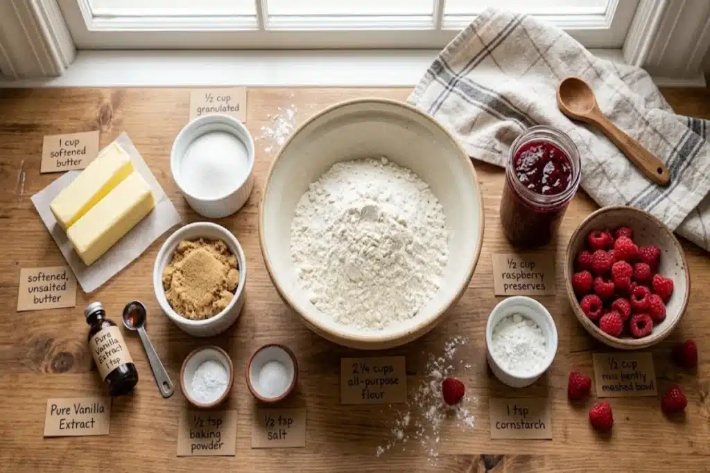 Gooey Raspberry Crumble Cookies Ingredients for raspberry crumble cookies, including butter, flour, sugars, raspberry preserves and fresh raspberries.