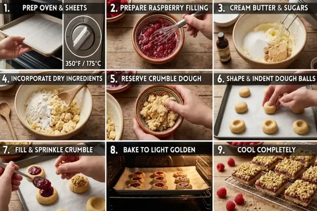 Gooey Raspberry Crumble Cookies Step-by-step photos of making raspberry crumble cookies, from mixing the dough and filling to shaping, baking and cooling.