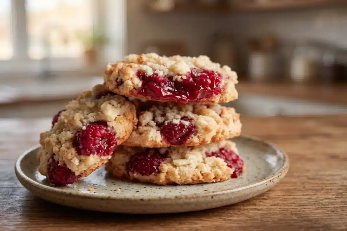 Gooey Raspberry Crumble Cookies Raspberry crumble cookies stacked on a plate, with red raspberry filling and golden crumb topping.