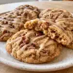 Maple pecan cookies drizzled with maple icing on a plate, with a broken cookie showing the soft center.