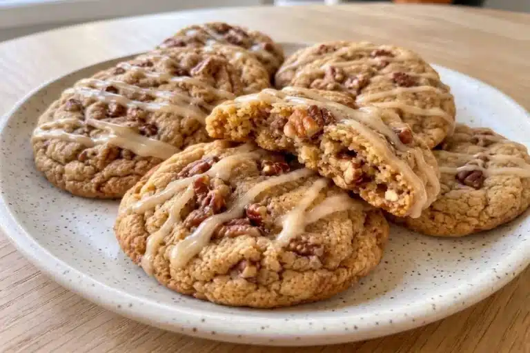 Maple pecan cookies drizzled with maple icing on a plate, with a broken cookie showing the soft center.
