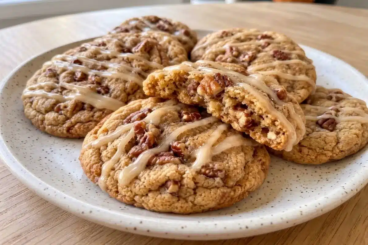 Maple pecan cookies drizzled with maple icing on a plate, with a broken cookie showing the soft center.