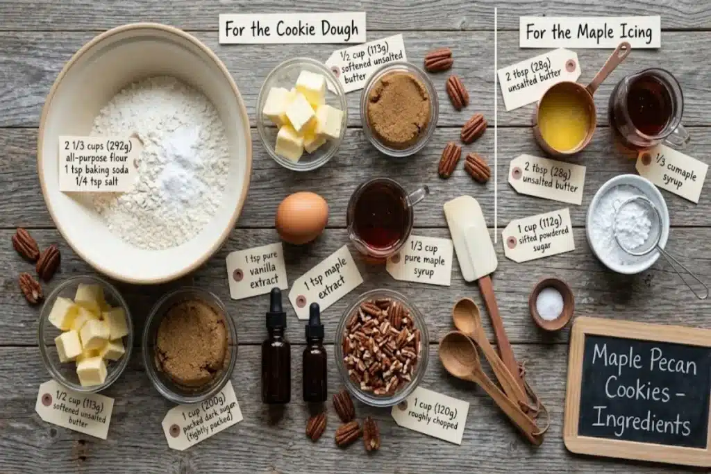 Ingredients for maple pecan cookie dough and icing, including flour, butter, brown sugar, egg, maple syrup, chopped pecans and powdered sugar.