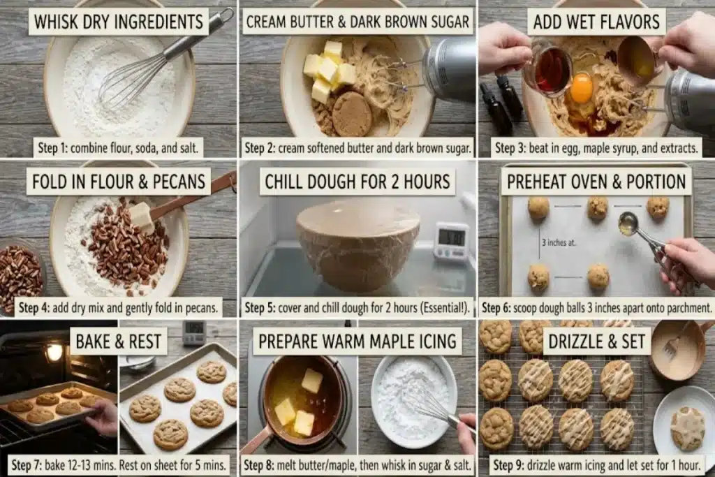 Nine stages of making maple pecan cookies, from mixing and chilling the dough to baking, drizzling maple icing and letting it set.