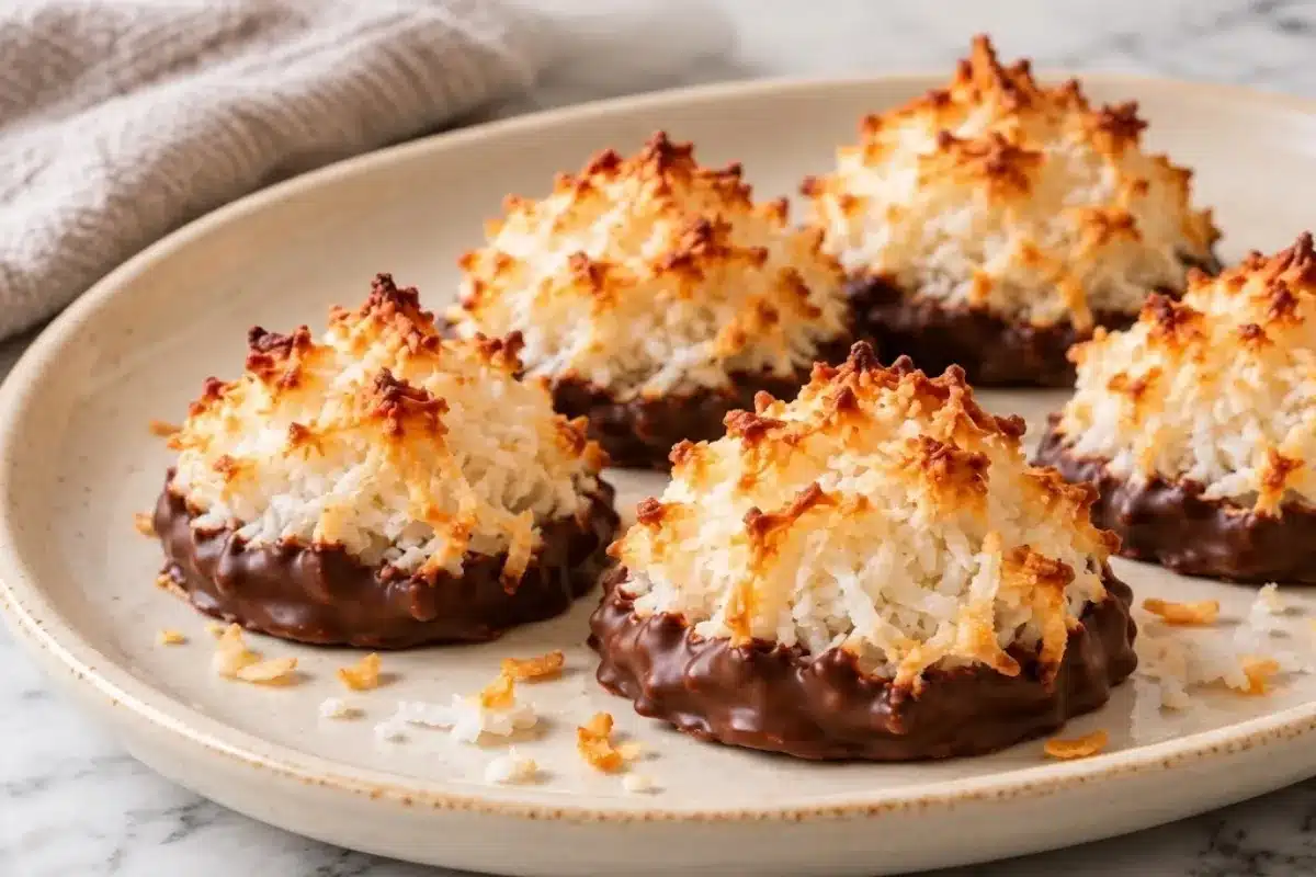 Golden coconut macaroons with chocolate-dipped bases on a plate