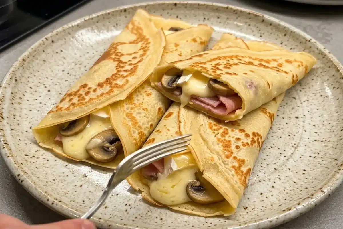 Crêpes fondantes au Brie, champignons & jambon