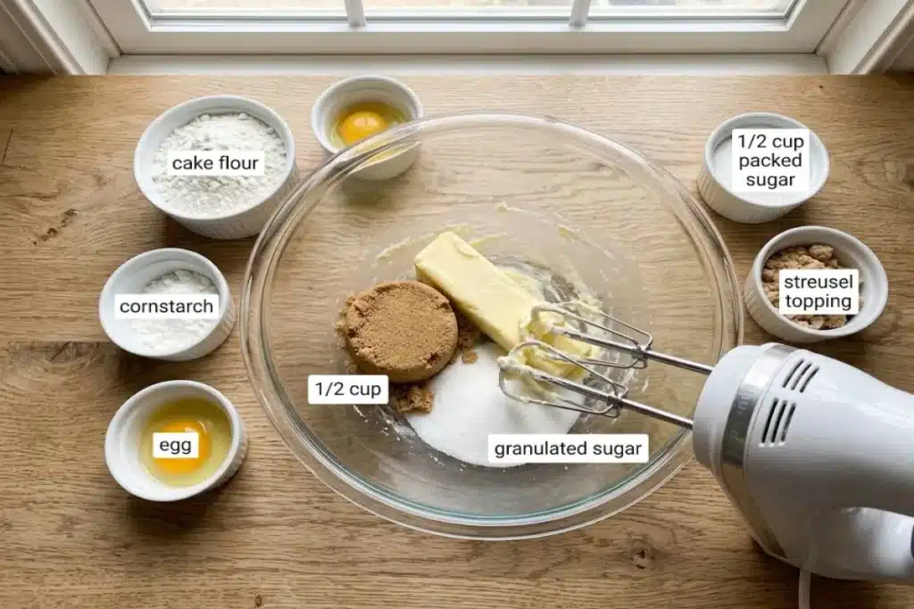 Butter, brown sugar, and granulated sugar in a glass mixing bowl with an electric hand mixer.