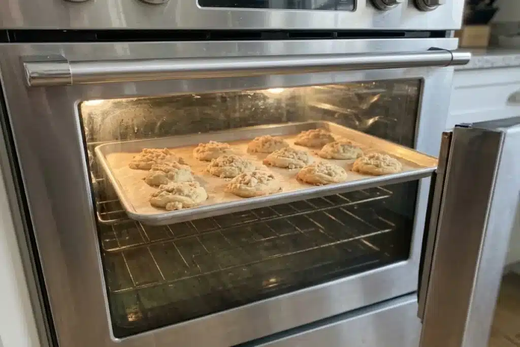 Streusel-topped coffee cake cookies baking on a parchment-lined tray in the oven.