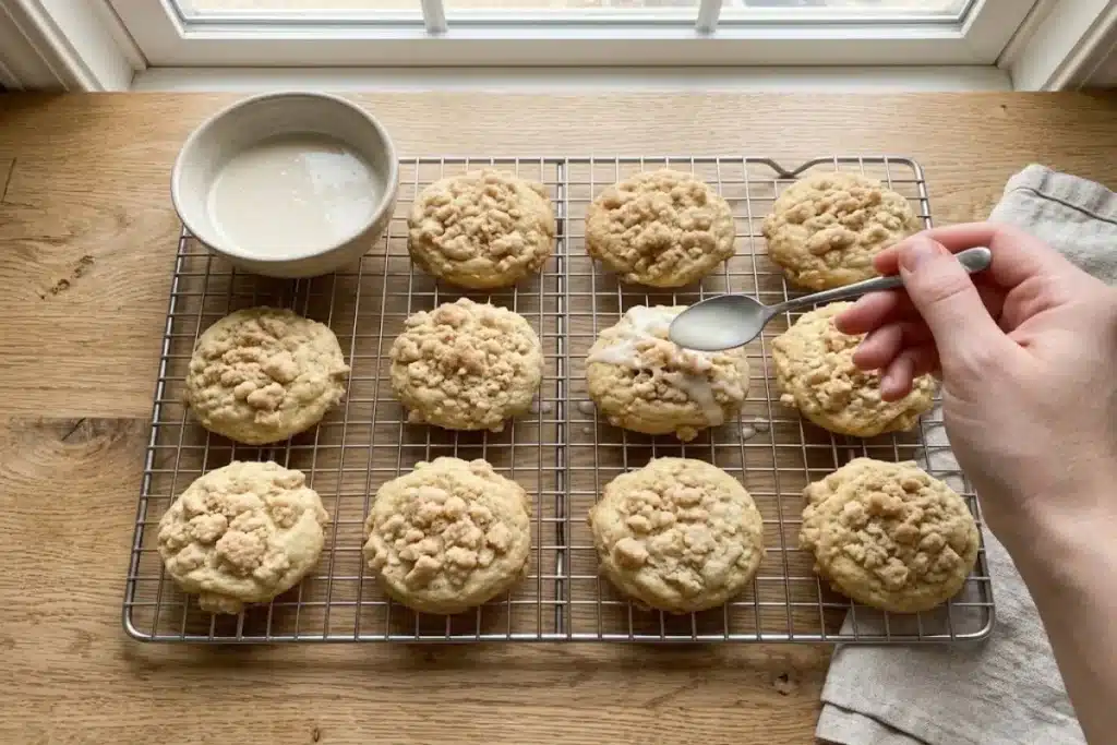 Drizzling white icing over streusel-topped cookies cooling on a wire rack.