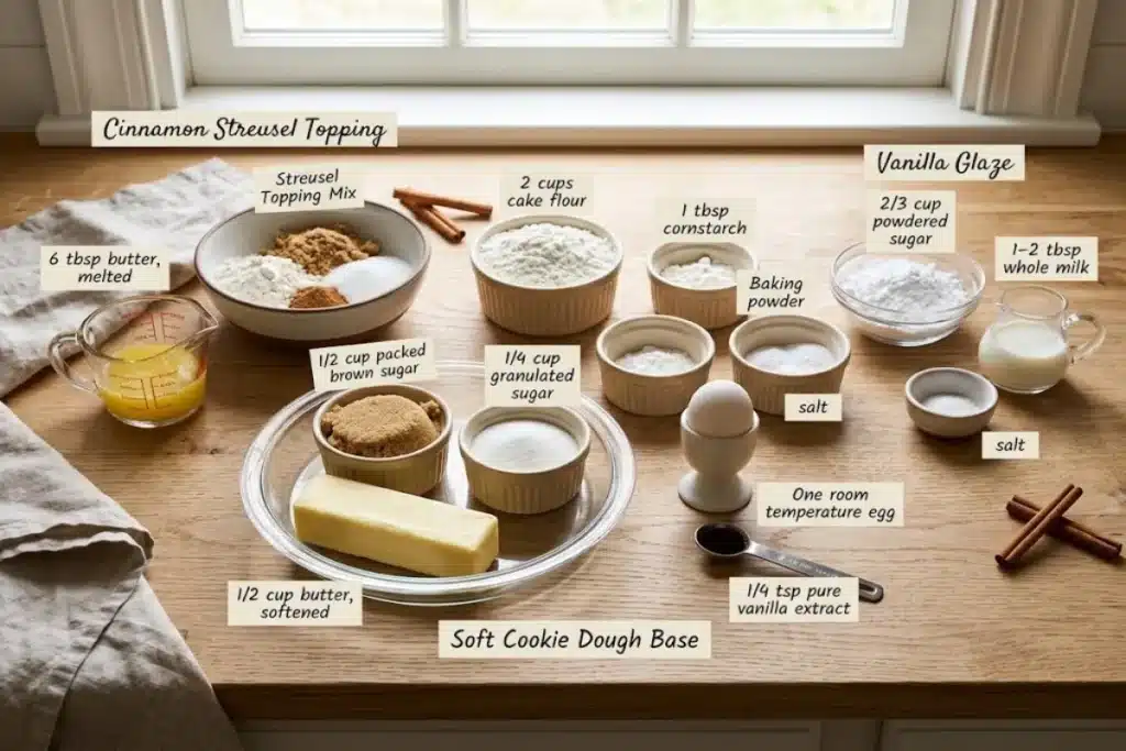 Ingredients for coffee cake cookie dough, cinnamon streusel, and glaze arranged in bowls on a wooden counter.