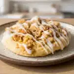 Coffee cake cookies topped with cinnamon streusel and a drizzle of white icing on a plate.