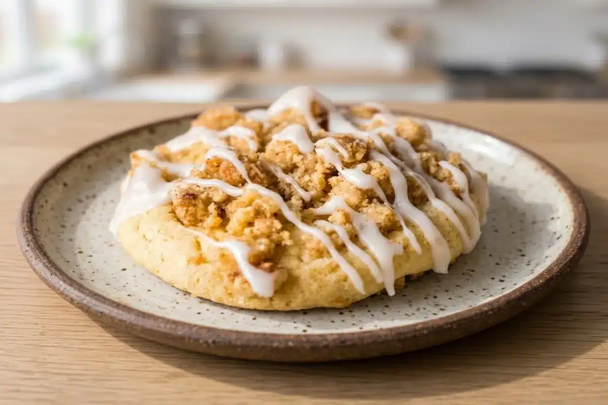 Coffee cake cookies topped with cinnamon streusel and a drizzle of white icing on a plate.