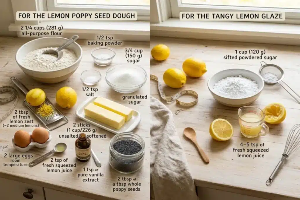 Ingredients for lemon poppy seed cookie dough and lemon glaze arranged on a kitchen counter.