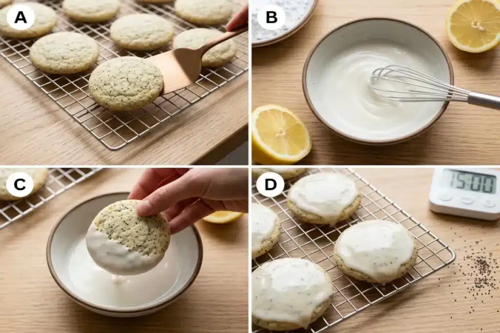 Cooling poppy seed cookies, whisking lemon glaze, dipping a cookie, and letting the glaze set on a wire rack.