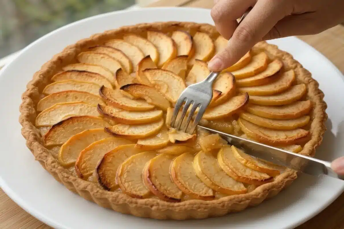 Tarte aux pommes, friable et bien caramélisée Tarte aux pommes dorée, garnie de fines tranches disposées en rosace, en cours de découpe.
