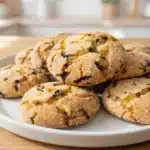 Golden semolina cookies with chocolate chips and a textured coconut coating, stacked on a white plate.
