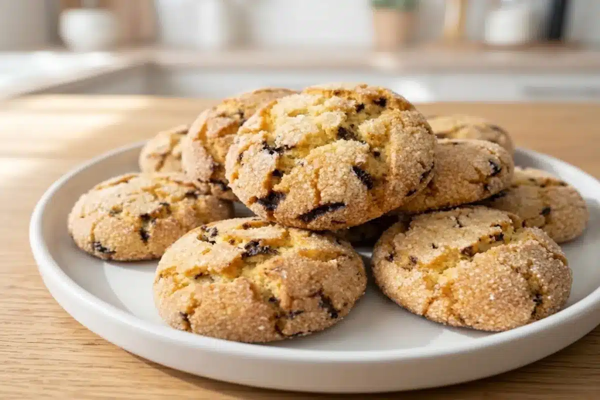 Golden semolina cookies with chocolate chips and a textured coconut coating, stacked on a white plate.