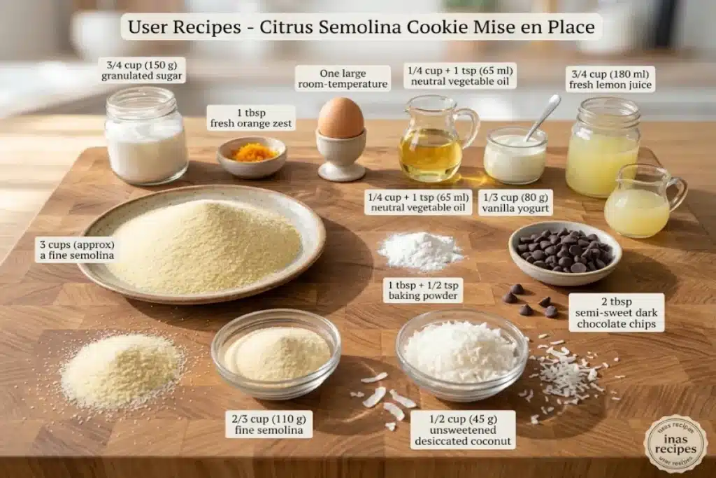 Semolina, sugar, orange zest, egg, oil, yogurt, lemon juice, chocolate chips, and coconut arranged on a wooden board.