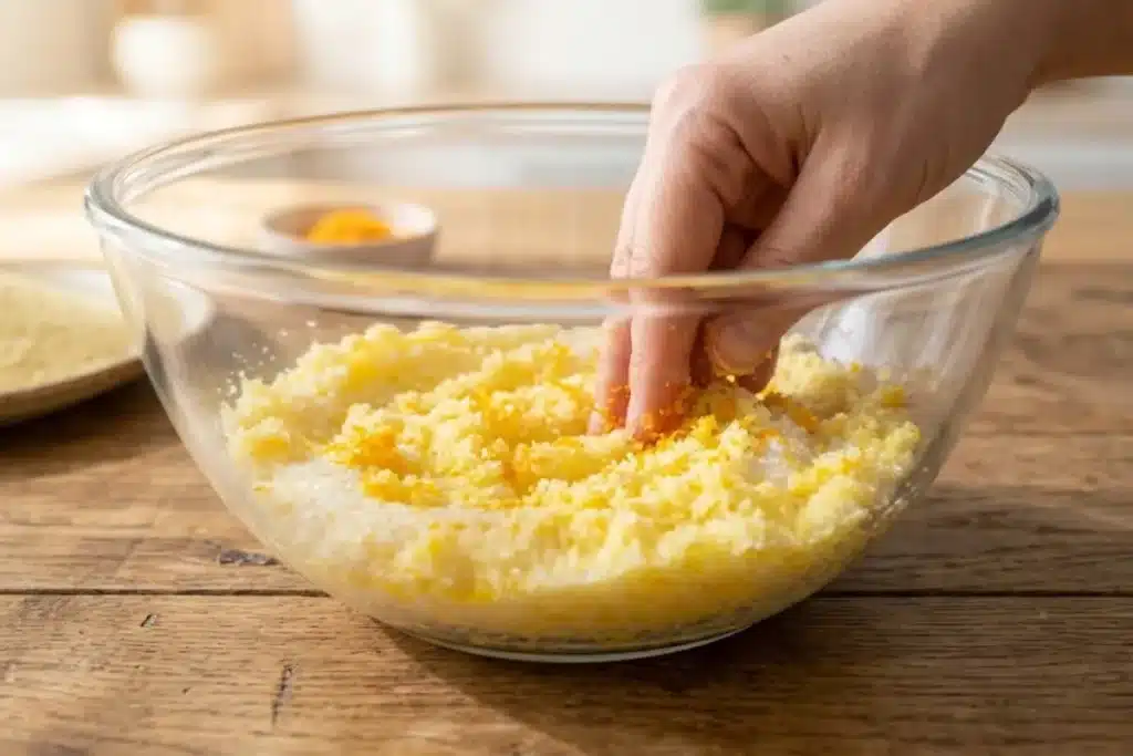 Rubbing fresh orange zest into granulated sugar with fingertips in a glass mixing bowl.