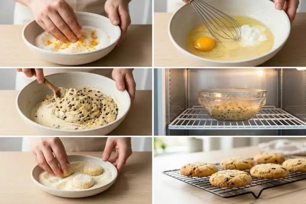Six photos showing citrus cookie preparation: mixing zest and sugar, whisking wet ingredients, mixing dough, chilling, coating, and cooling baked cookies.