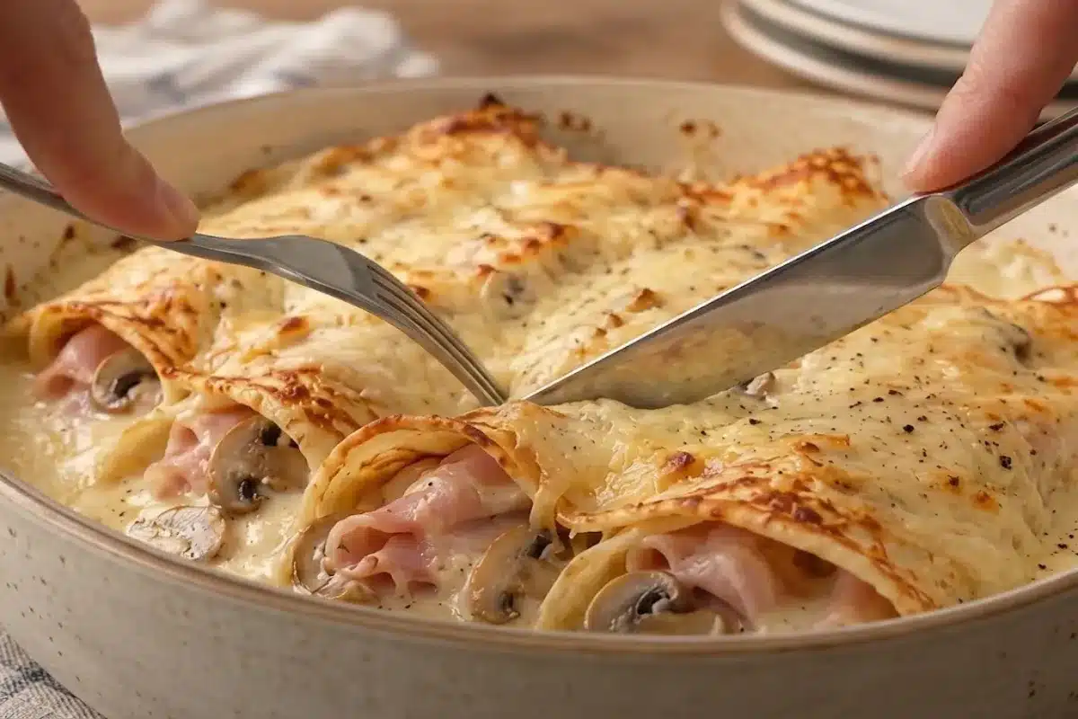 Crêpes salées au jambon et aux champignons, gratinées