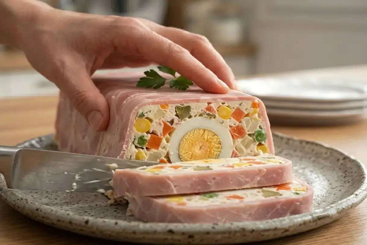 Terrine froide de jambon, œuf et légumes, crémeuse