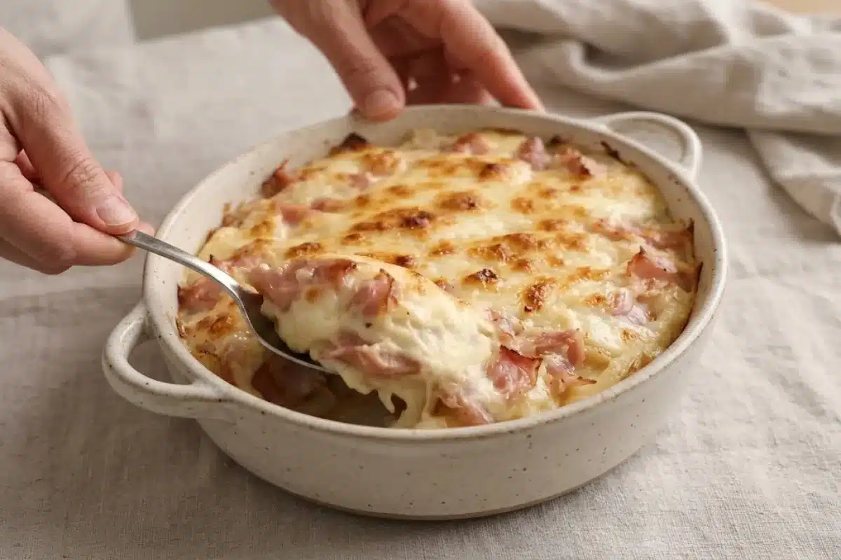 Gratin de pommes de terre au jambon et à la mozzarella